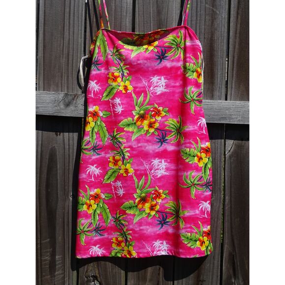 Y2K Vintage Candy Rocket Pink Tropical Floral Sundress Midi Dress Med USA Made - Picture 1 of 5